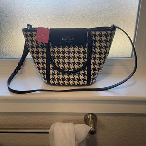 NWT Kate Spade Cruise Woven Medium Tote - Black Houndstooth Straw Leather Bag